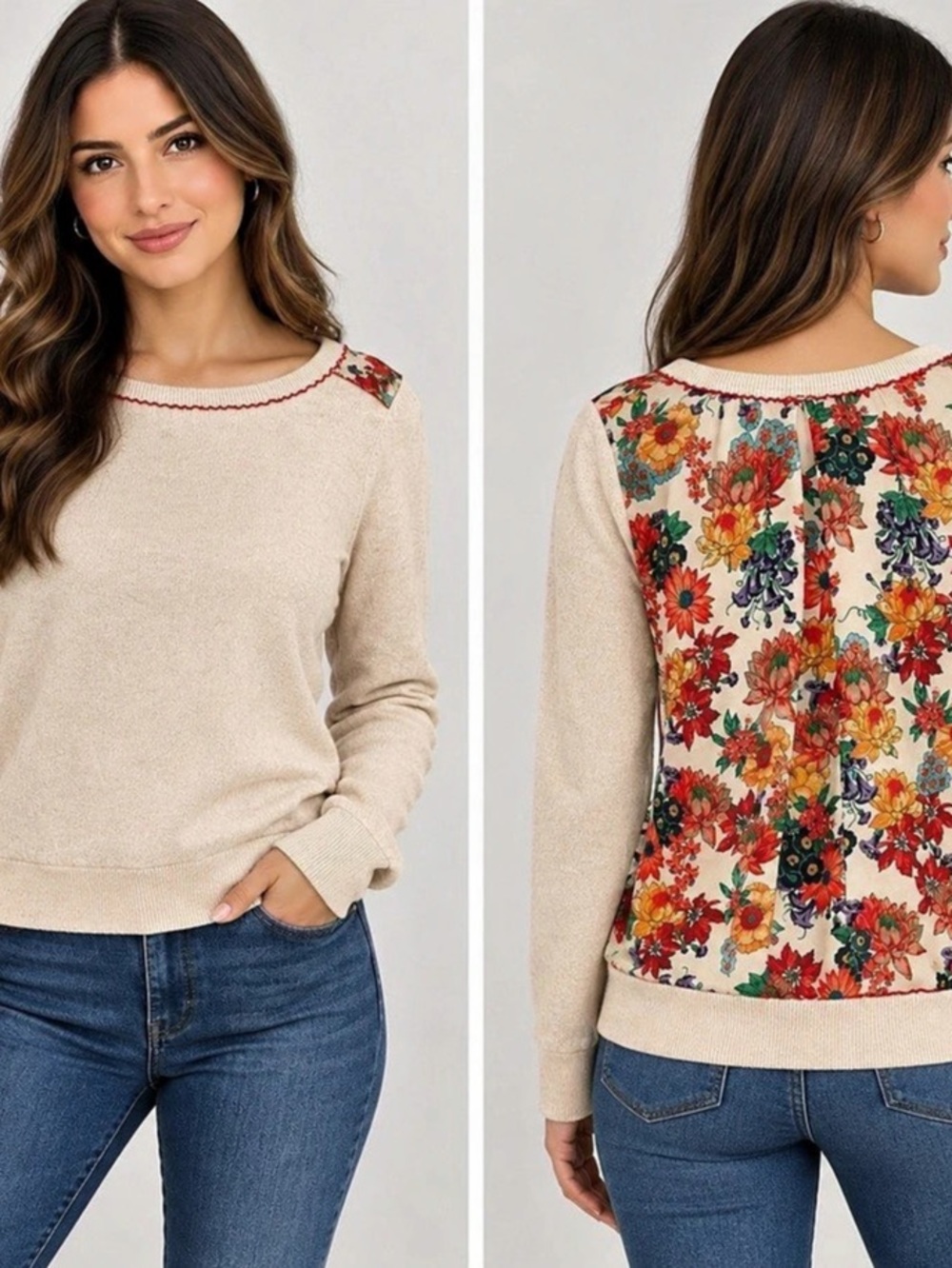 Anthropologie HWR Floral Back Sweater Top Beige Small